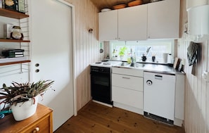 Fridge, stovetop, dishwasher, coffee/tea maker
