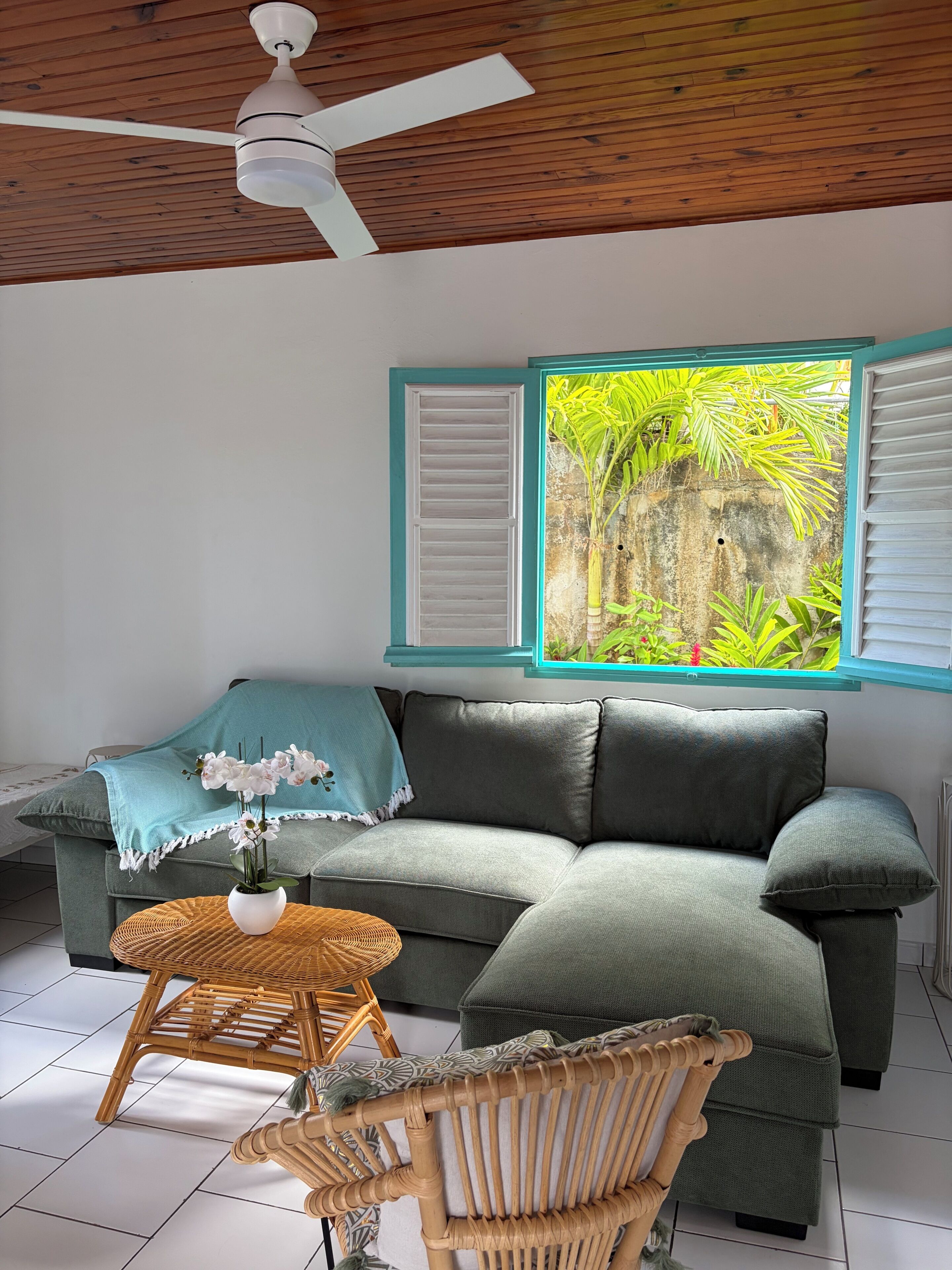 Une pièce dotée d’un ventilateur de plafond, d’un canapé vert, d’un fauteuil en osier et d’une fenêtre donnant sur un paysage verdoyant.