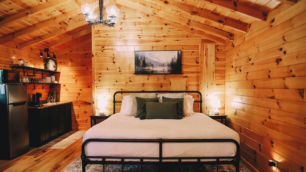 A wooden cabin bedroom with a metal bed frame, a nightstand with a lamp, and a wooden wall with a framed picture.