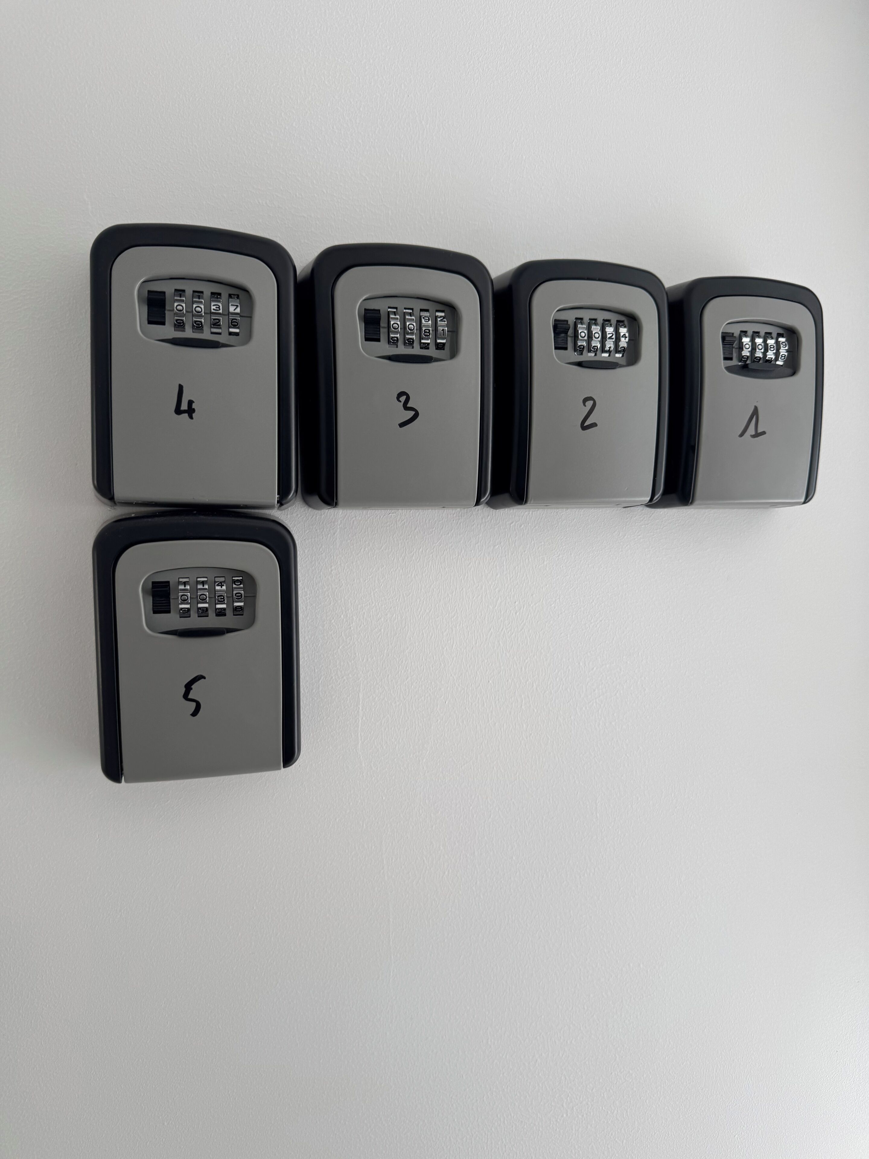A row of five keypads with numbers 1 to 5, likely for room access.
