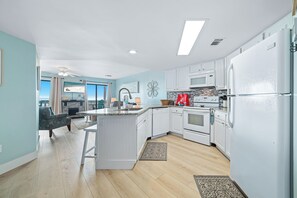 Fridge, microwave, oven, stovetop - Beachfront Corner Condo | Gulf Views, Pool & Walk to The Hangout | BEACHBALL PROPERTIES (Gulf Shores)