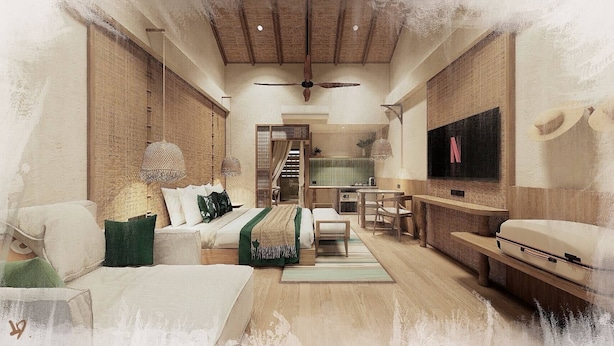 A spacious room with a bed, a desk, and a television. - The Beach resort (Ko Pha-ngan)