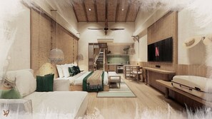 Kahden hengen deluxe-huone, parveke | Työpöytä, ilmainen Wi-Fi