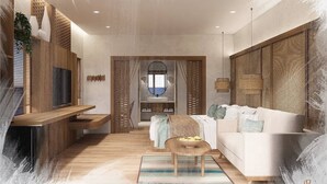 A modern interior with a wooden bench, a white sofa, and a large window. - The Beach resort (Ko Pha-ngan)