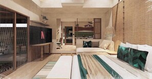 Une chambre d’hôtel moderne, dotée d’un canapé, d’un lit avec une couvre-lit à rayures, d’une grande fenêtre et offrant une vue sur l’extérieur.