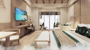 A modern hotel room with a large TV, a sofa, a bed, a desk, and a balcony. - The Beach resort (Ko Pha-ngan)