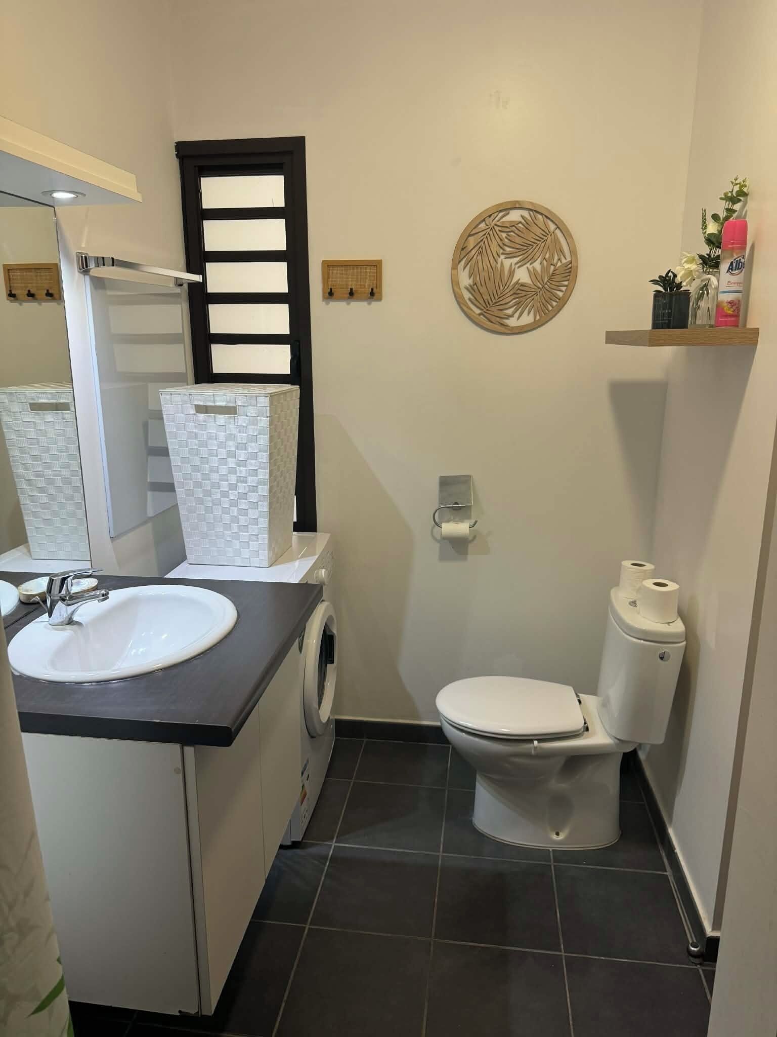 Une petite salle de bain comprenant un lavabo, un lave-linge, des toilettes et des éléments décoratifs sur les murs.