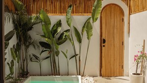 Uma pequena área de piscina com porta de madeira e plantas tropicais.