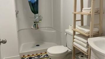 Shower, hair dryer, towels, soap
