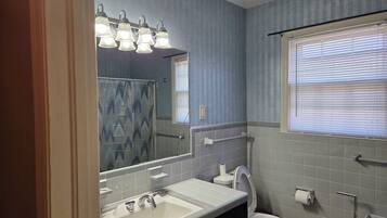 Shower, towels, soap, toilet paper