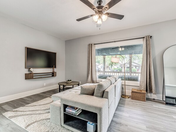 Smart TV, fireplace, books, computer monitors