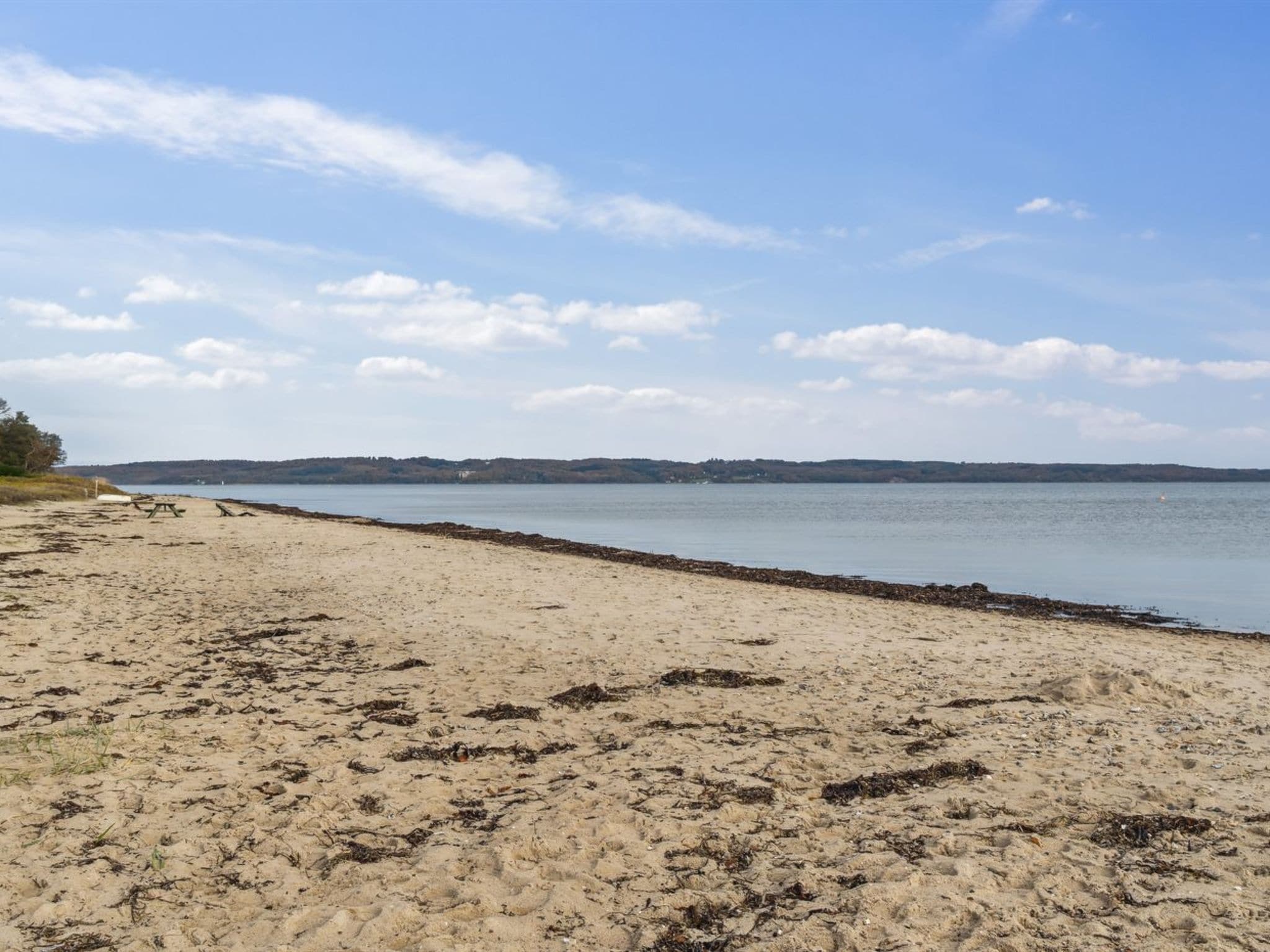 Une plage avec un rivage sablonneux et une étendue d’eau calme.