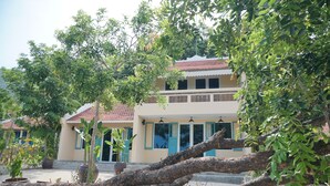 A two-story building with a tiled roof, large windows, and a balcony. There are potted plants and a fallen tree in the foreground. - Baya Beach Club (Xuan Loc)
