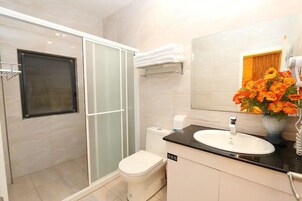 Ducha, secador de pelo, toallas y jabón