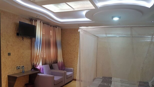 A bedroom with a bed under a mosquito net, a sofa, a TV mounted on the wall, and a ceiling with skylights.