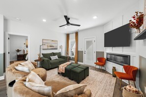 Smart TV, fireplace, books