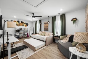 Smart TV, fireplace, books