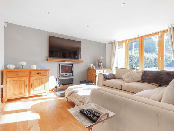 A living room with a sofa, TV, wooden cabinet, and a fireplace.