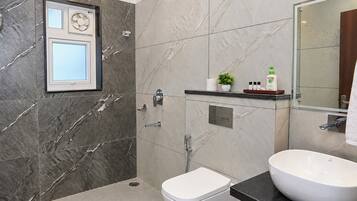 A modern bathroom with a toilet, bidet, and a large sink.