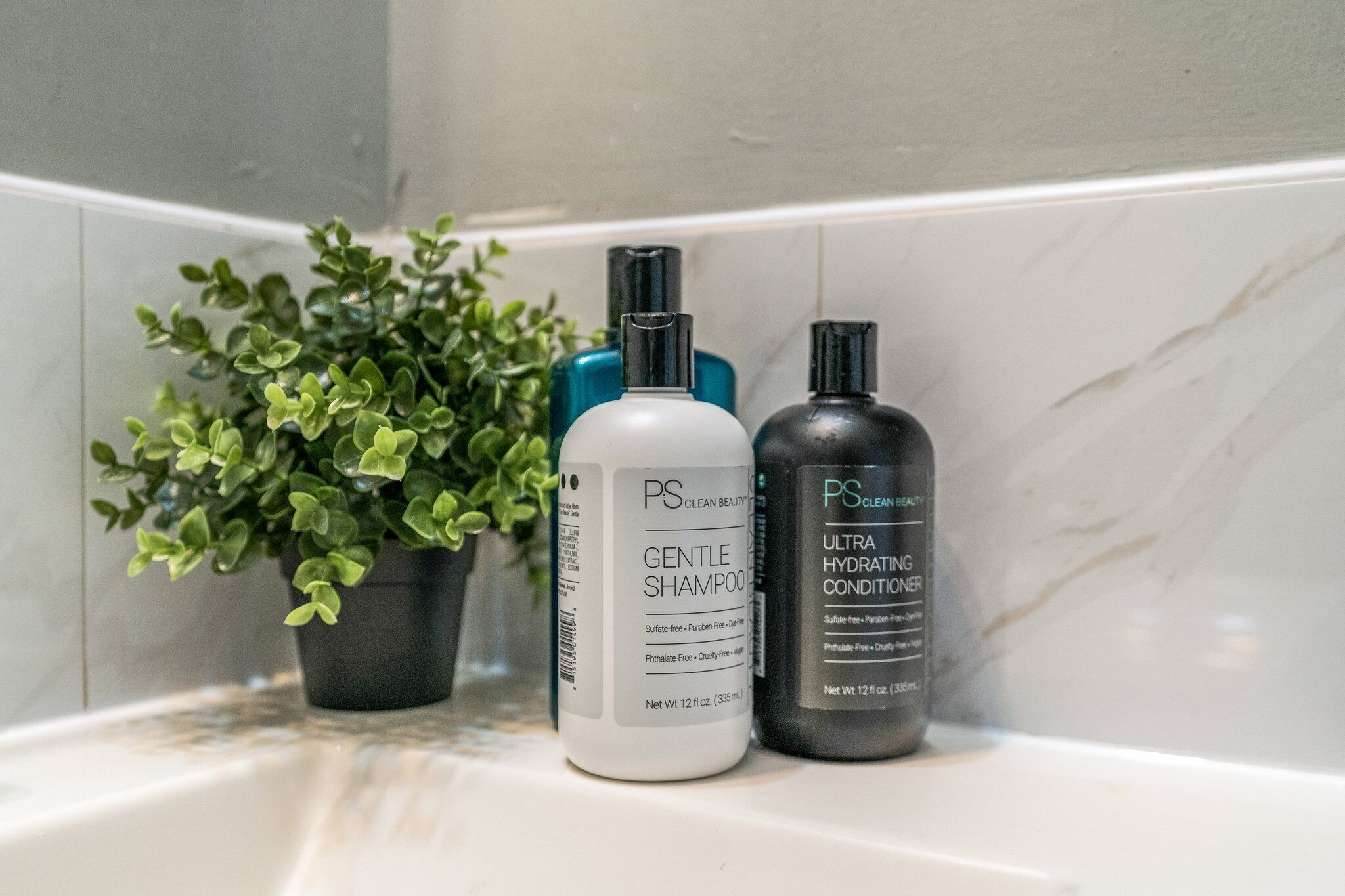 Hair dryer, towels, soap, toilet paper