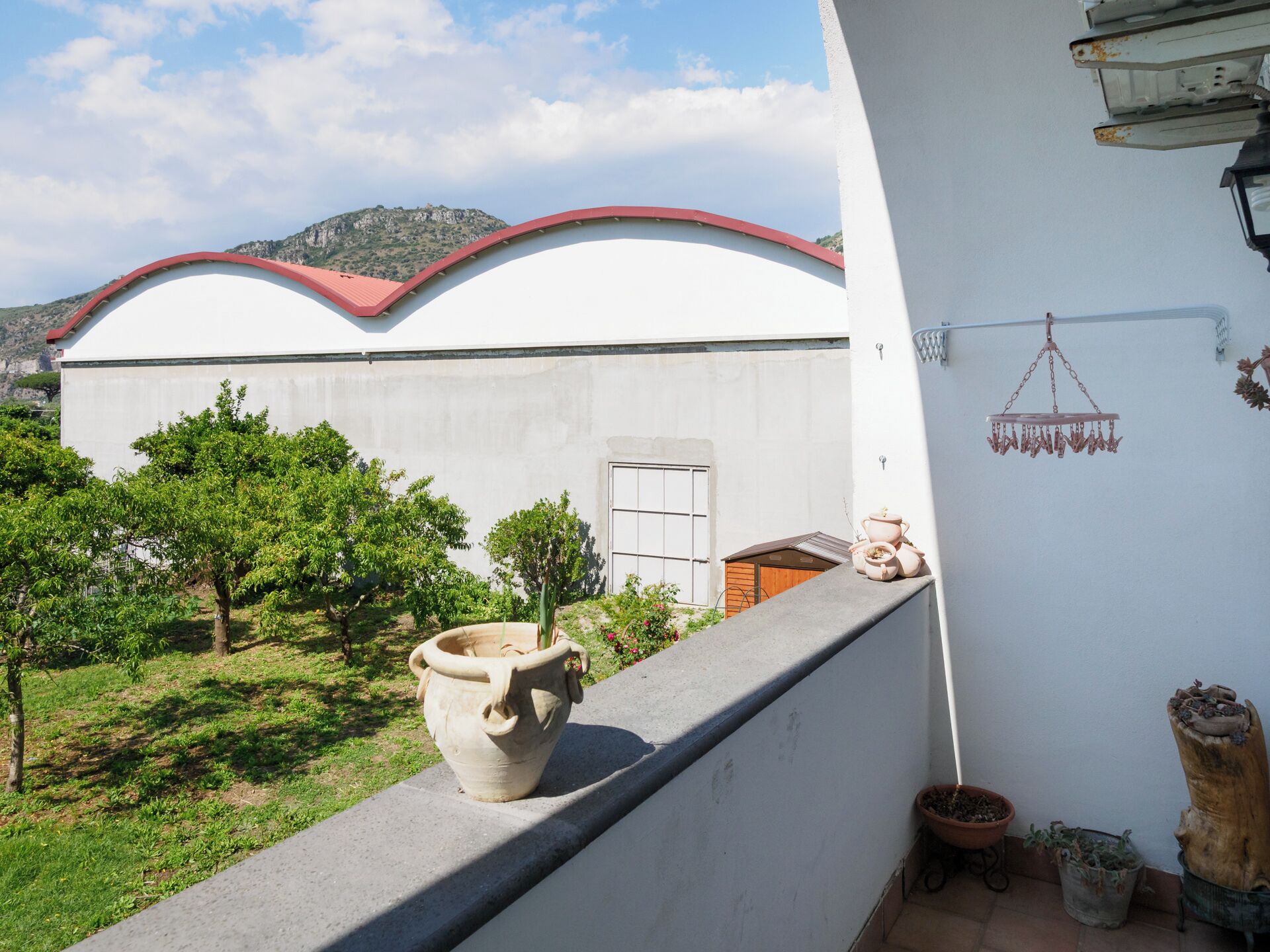 A balcony with a potted plant, a small shed, and a white building with a red roof.