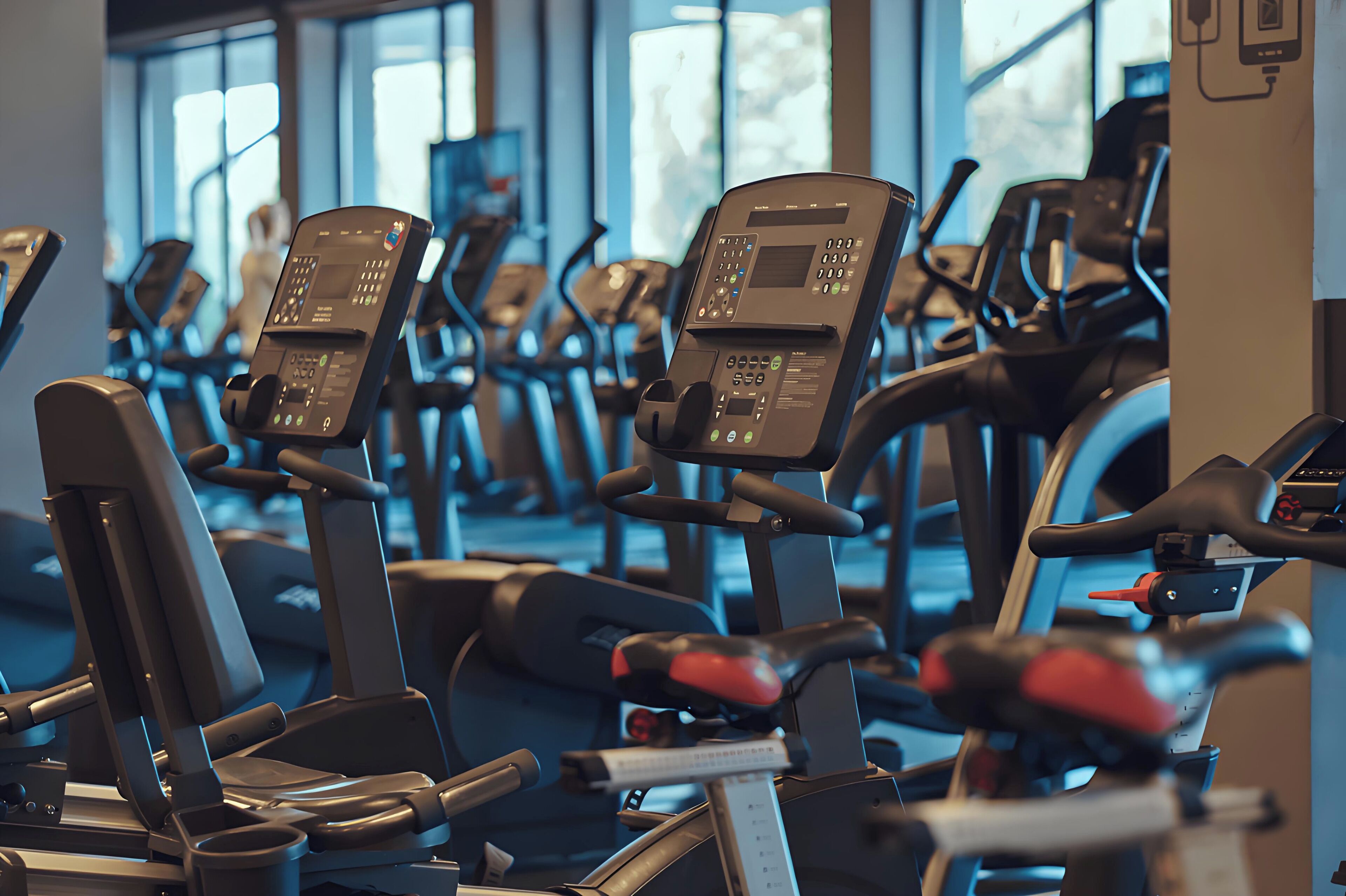 Eine Reihe von Ergometer-Rädern in einem Fitnessstudio mit großen Fenstern im Hintergrund.