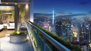 A modern urban apartment with a balcony overlooking a cityscape, including a prominent tower. - KLCC Agile Bukit Bintang---5 mins to TRX (Kuala Lumpur)