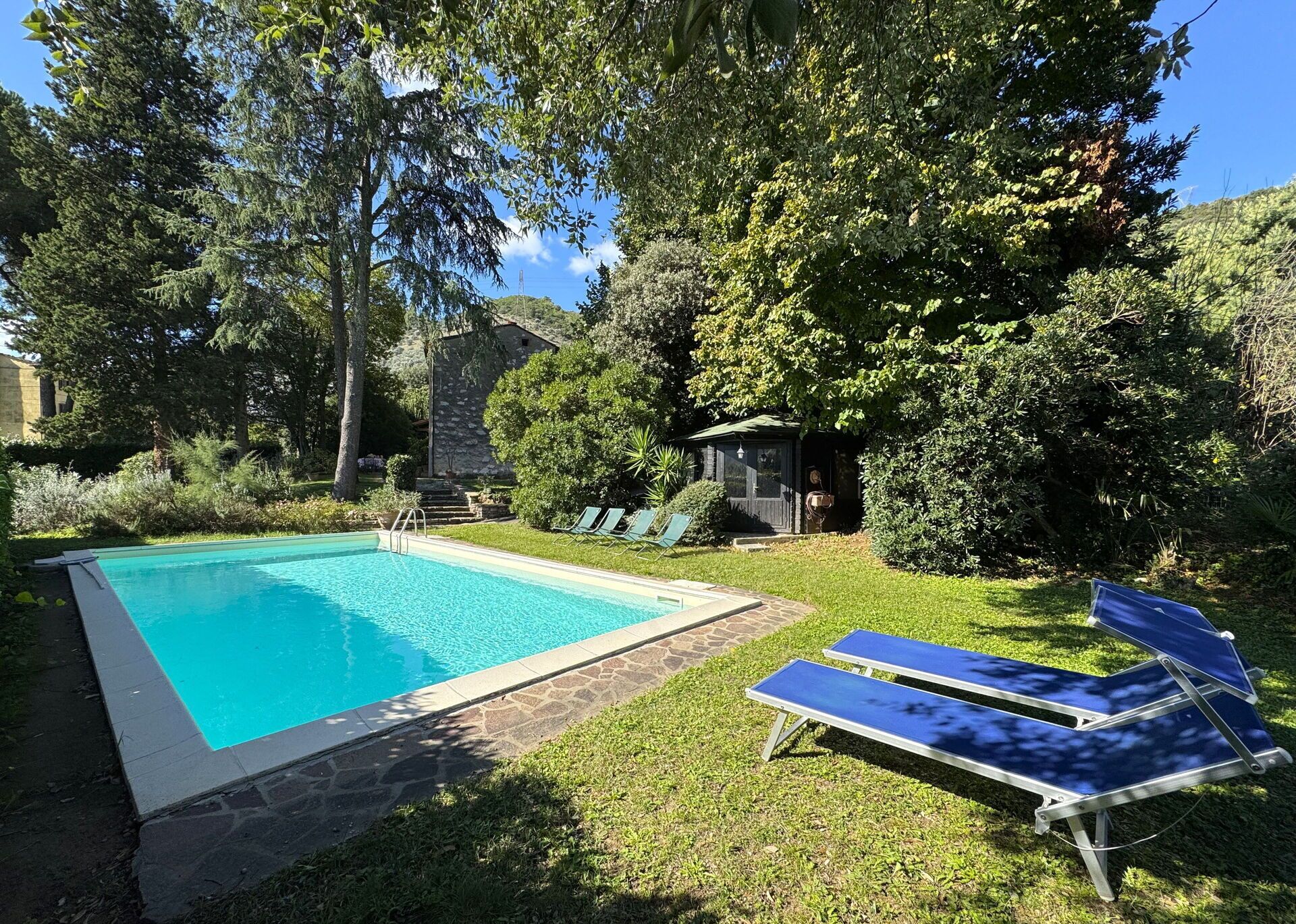 Ein rechteckiger Swimmingpool mit Steinbord, umgeben von Gras und Bäumen. Zwei Liegestühle mit blauen Kissen sind vorhanden.