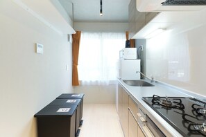 Kühlschrank, Mikrowelle, Herdplatte, Kochgeschirr/Geschirr/Besteck