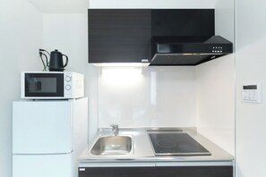 Fridge, microwave, stovetop, cookware/dishes/utensils