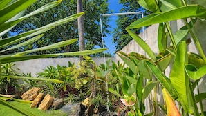 En have med forskellige tropiske planter, et lille vandfald og en støbt væg.