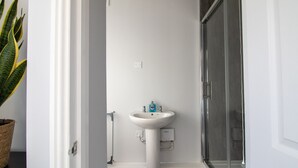 A bathroom with a white sink, a glass shower enclosure, and a potted plant. - Donnington Apartments - Studio 5 (Telford and Wrekin)