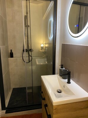 Hair dryer, towels, soap, toilet paper