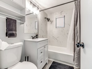 Eco-friendly toiletries, hair dryer, towels, soap