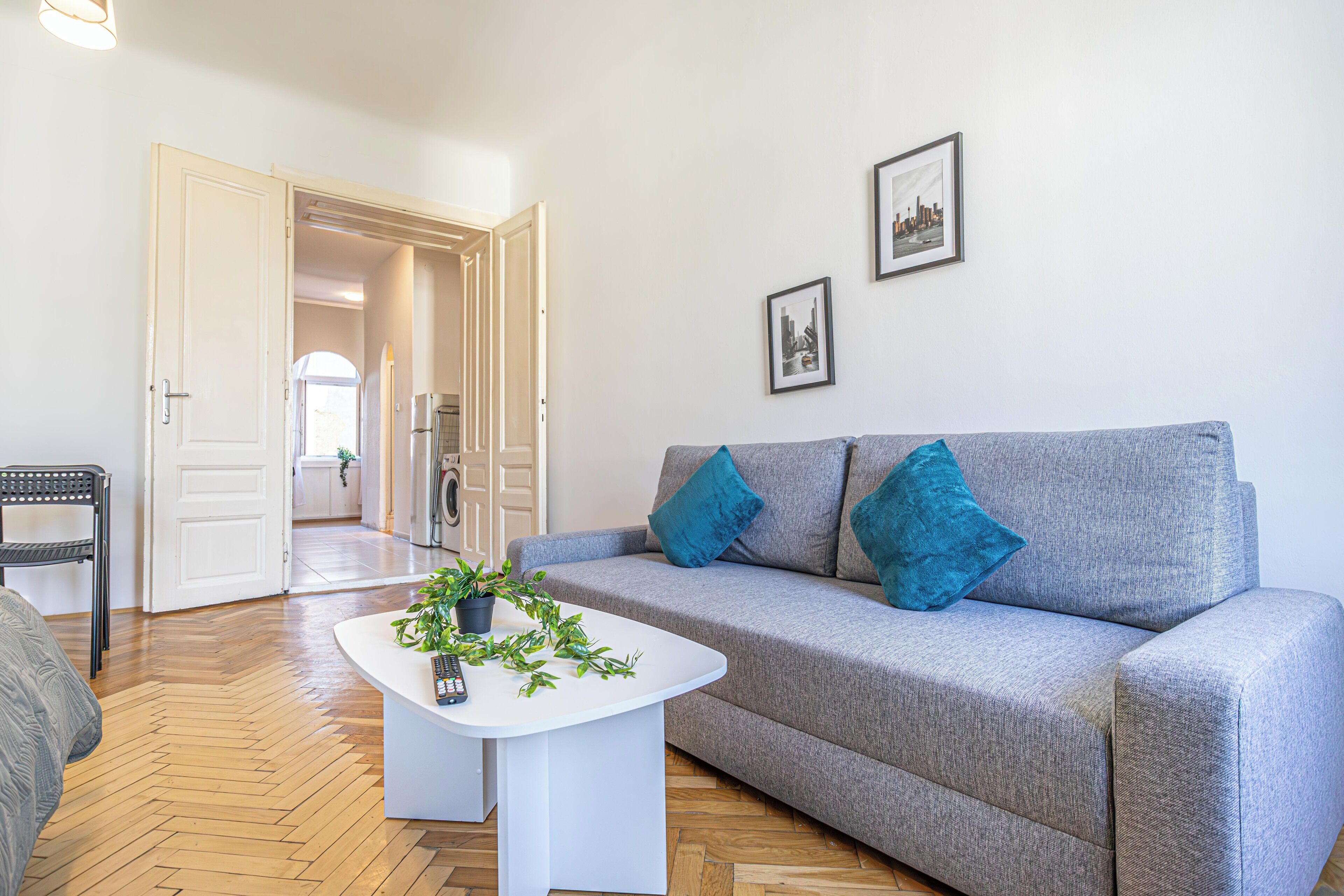 Un salon avec un canapé gris, deux coussins bleus, une table basse blanche ornée d’une plante et un fauteuil noir.