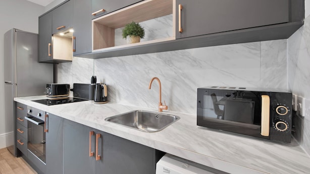 A modern kitchen with grey cabinets, a stainless steel sink, a built-in oven, and a microwave. - WhiskAwayHomes Shaw Street Apartment 6 (Worcestershire)