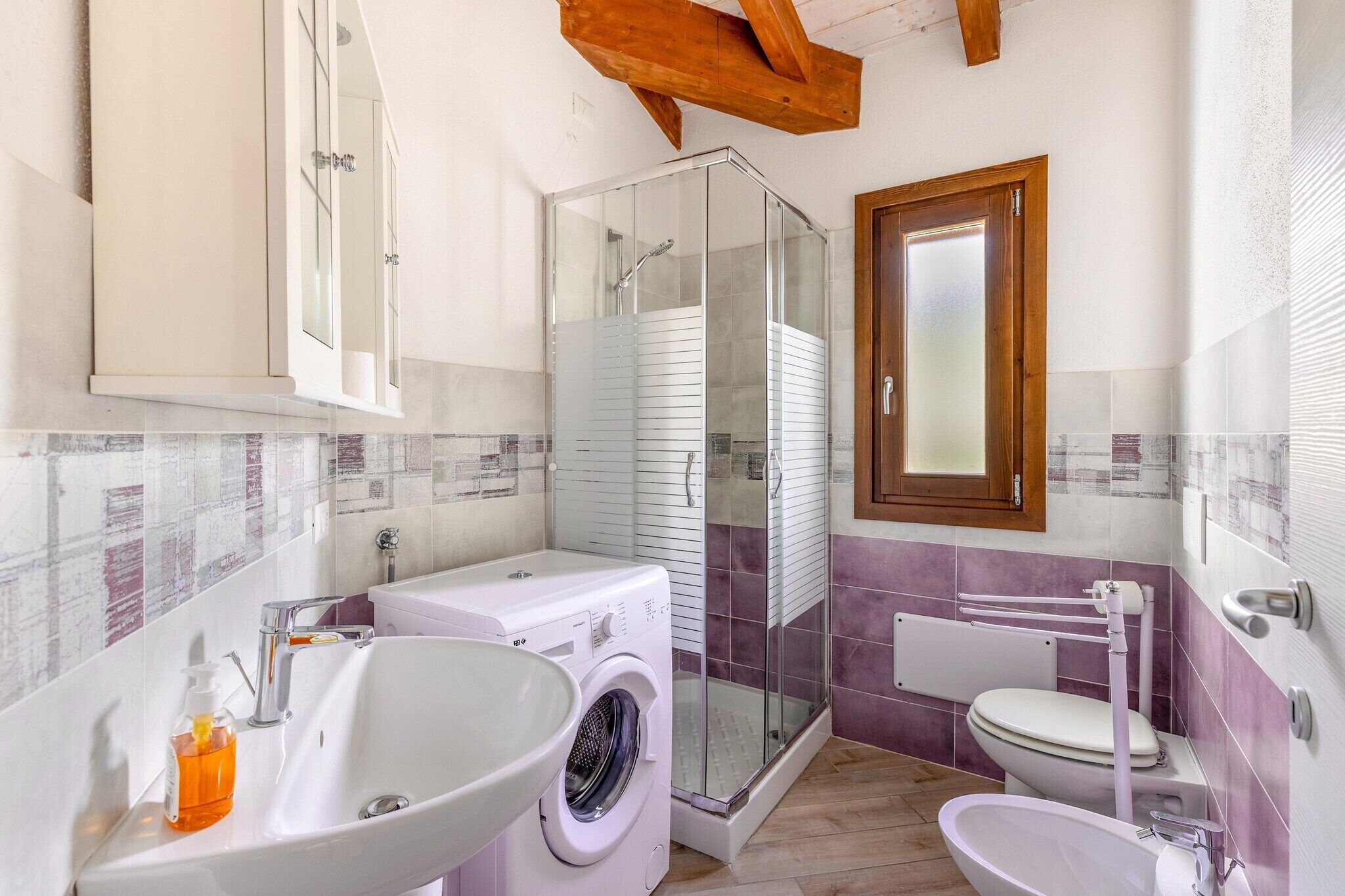 Un bagno con box doccia in vetro, lavatrice, lavandino e WC.