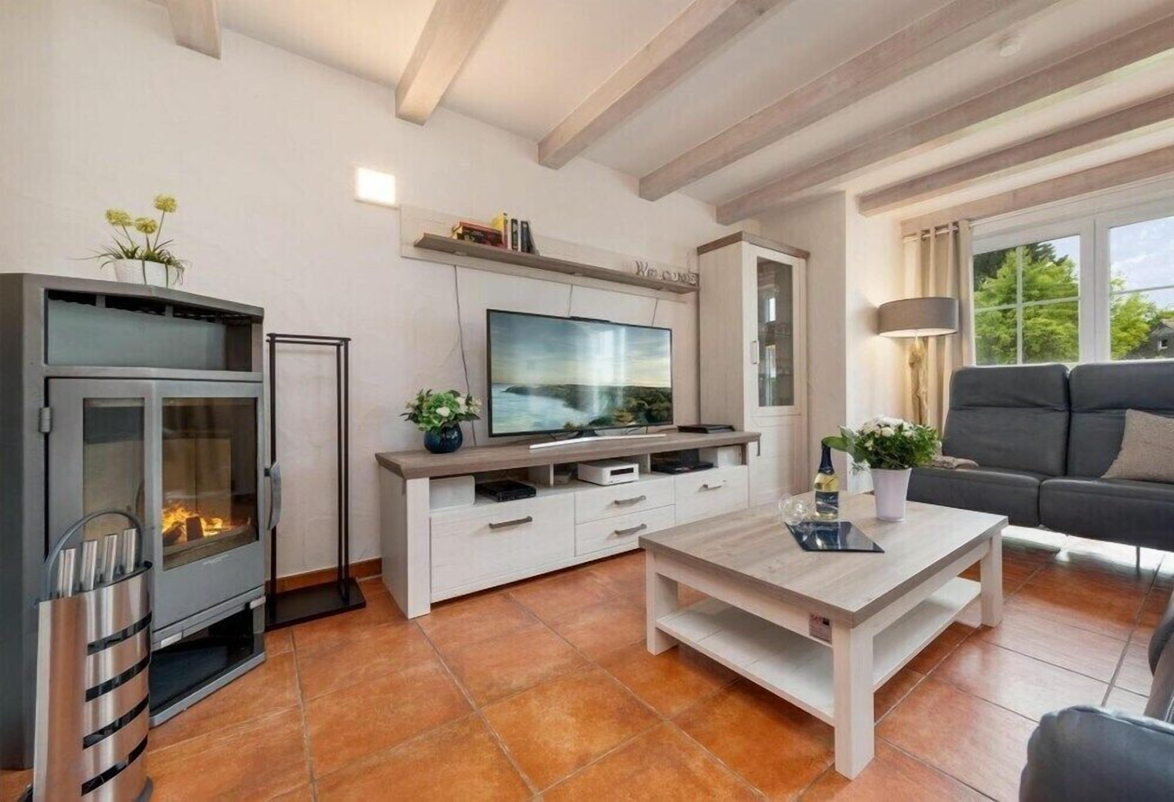 Smart TV, fireplace, video games, DVD player