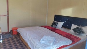 A bedroom with a bed, a red bucket, and a door. - Pangong View Point Cottage (Leh)