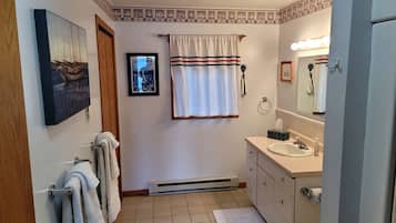 Hair dryer, towels, soap, shampoo