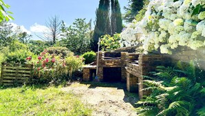 Un espace extérieur rustique agrémenté d’une structure en briques, d’une végétation luxuriante et de plantes à fleurs.