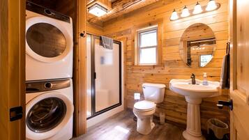 Jetted bath, hair dryer, towels, soap