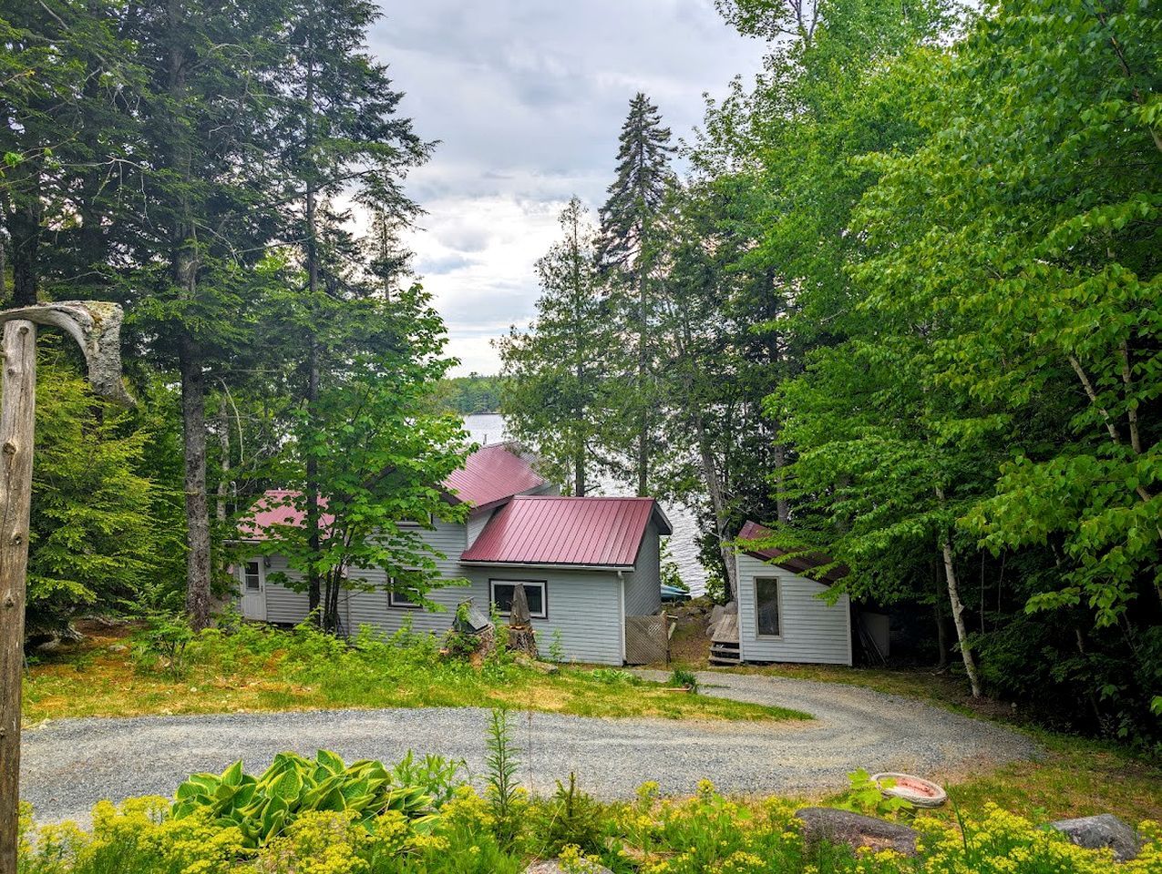 Eine Holzhütte mit rotem Dach, umgeben von dichtem Wald und einer Schotterauffahrt.