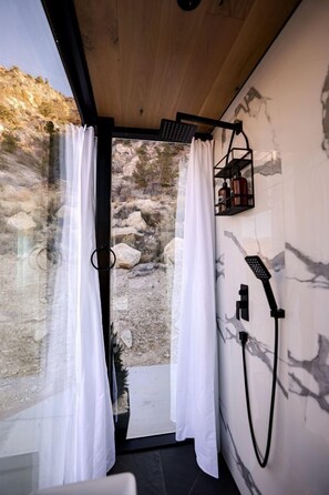 Hair dryer, towels, soap, shampoo