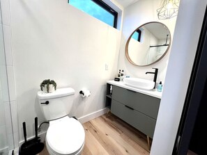 Hair dryer, towels, soap, shampoo