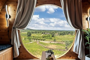 Ein Zimmer mit einem großen Rundfenster, Holzwänden und Vorhängen.
