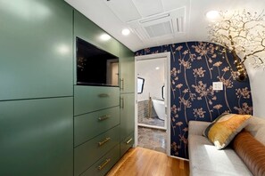 A compact room with a green wardrobe, a bathroom with a bathtub, and a sofa with a decorative tree. - Glamping Getaway in Pisgah Forest in this Lovely Airstream Rental in North Carolina (Pisgah Forest)