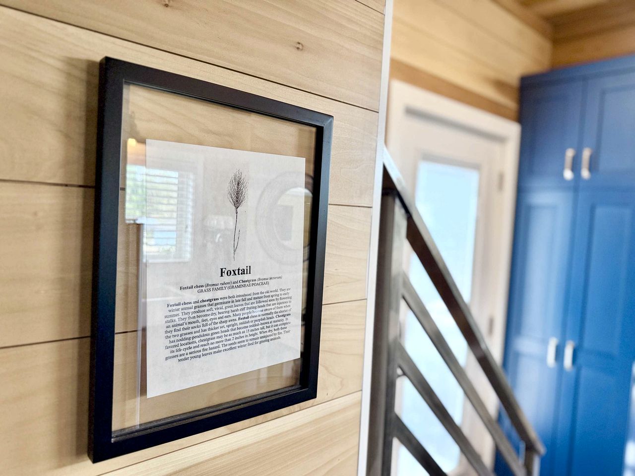 Una placa informativa en un marco sobre una pared de madera, con una escalera y armarios azules al fondo.