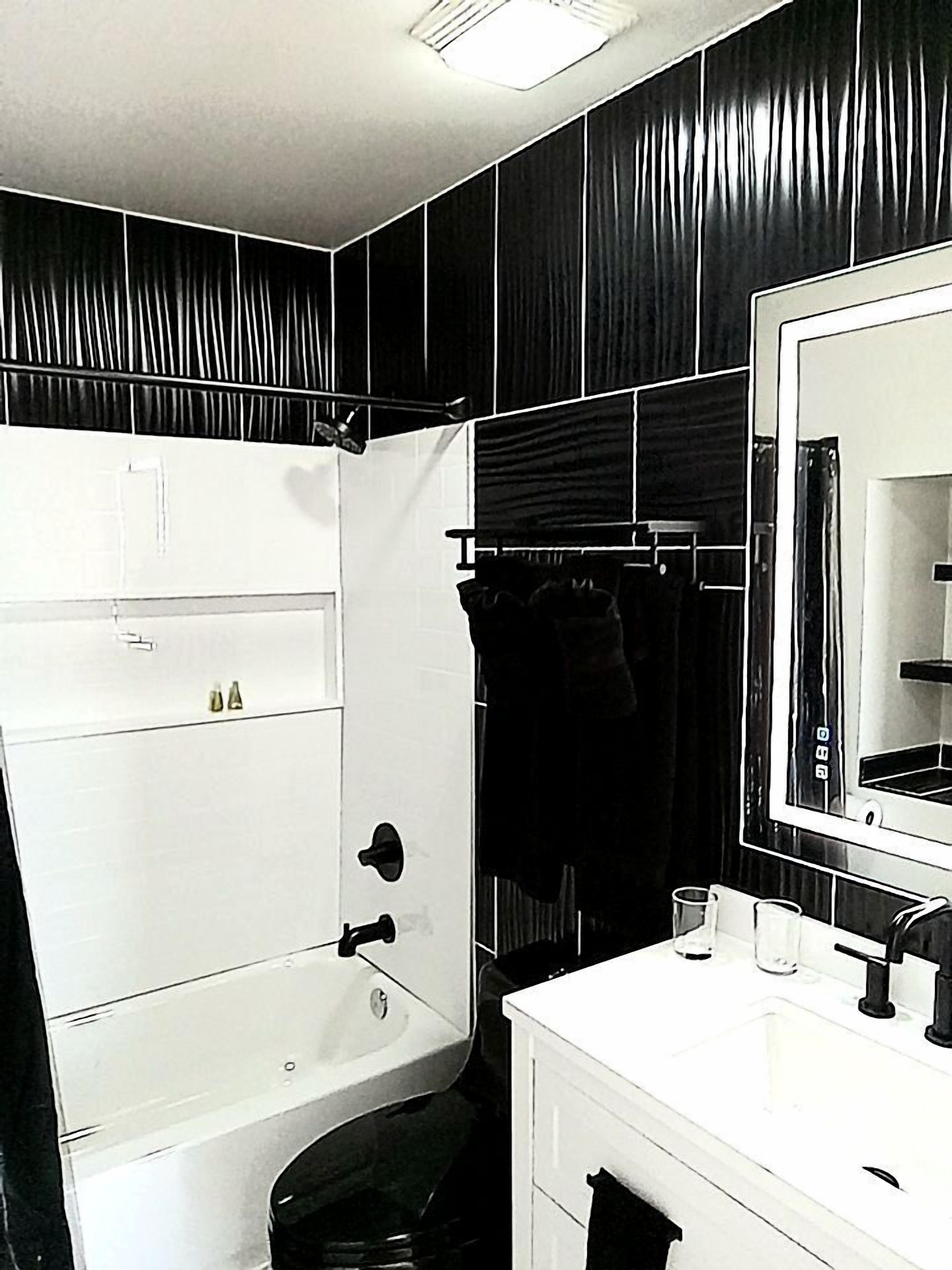 Hair dryer, towels, soap, shampoo