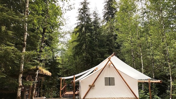 A forest campsite with a large canvas tent, wooden structures, and a gravel path.